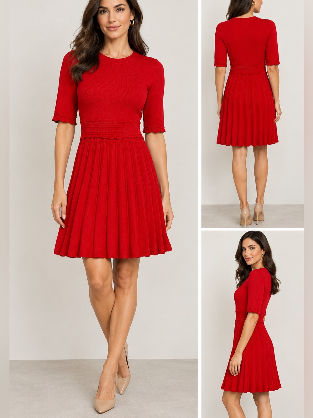 Ted Baker Red Pleated Short-Sleeve Fit-and-Flare Dress